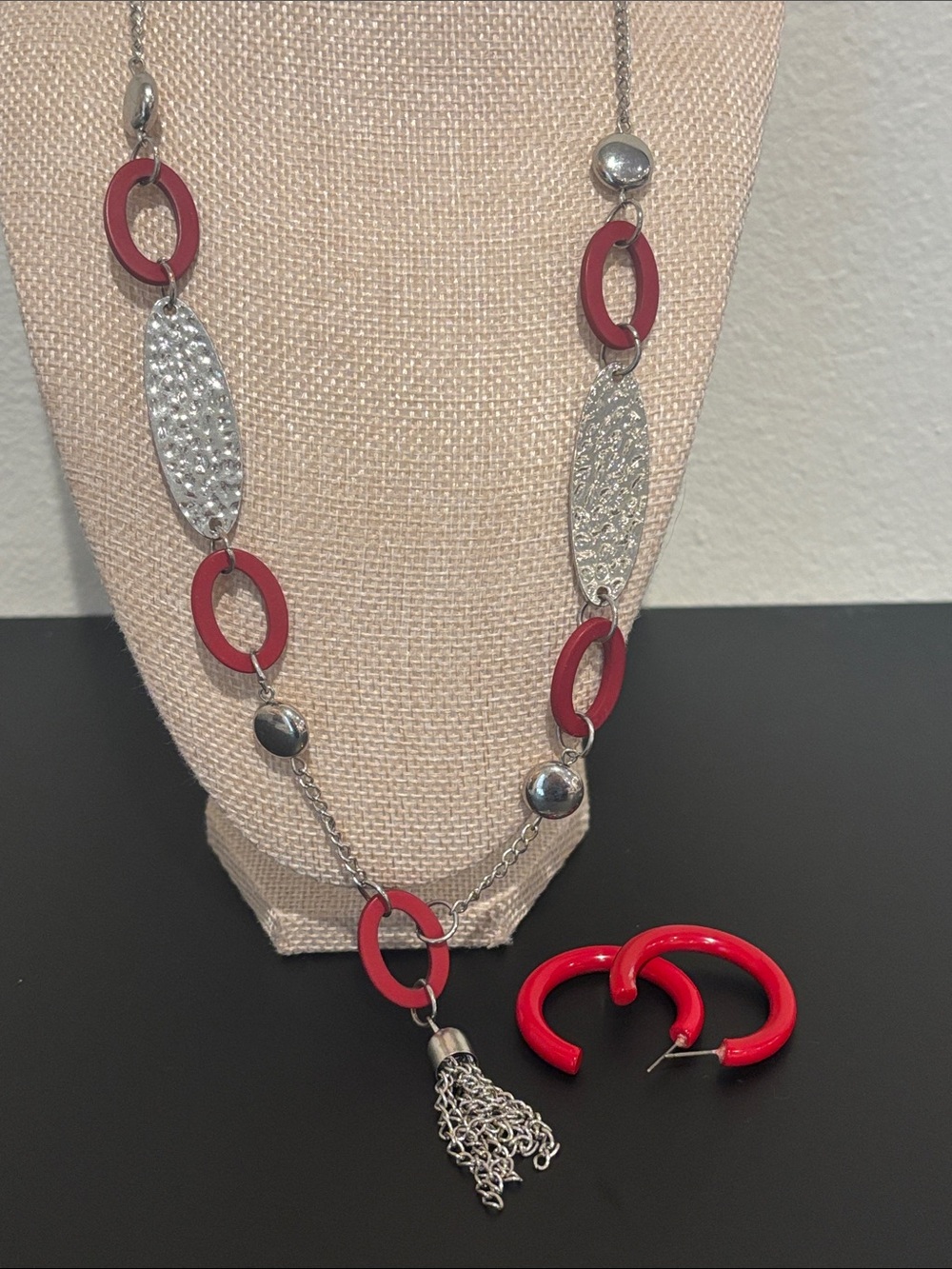 Lot: Red and Silver Link Necklace with Red Hoop Earrings - Women Jewelry